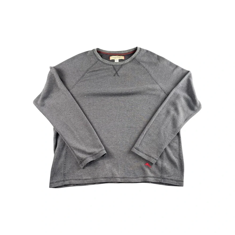 Tommy Bahama Mens LS Waffle Knit Crew Neck Pullover Shirt‎ M M Gray Red Accent